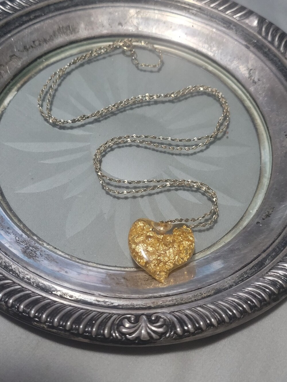 24k Flakes Gold Glass Heart Pendant With 12k Gold Filled Necklace